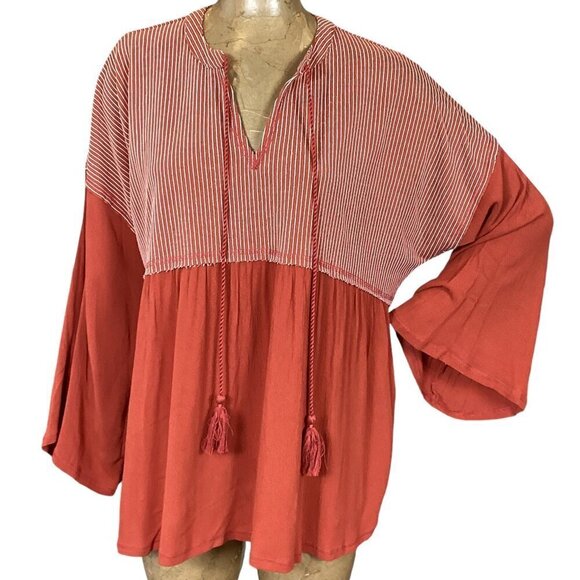 Gigio Long Bell Sleeve BOHO Tassle Tie Tunic Top Sz S Rust #312J - Picture 3 of 9